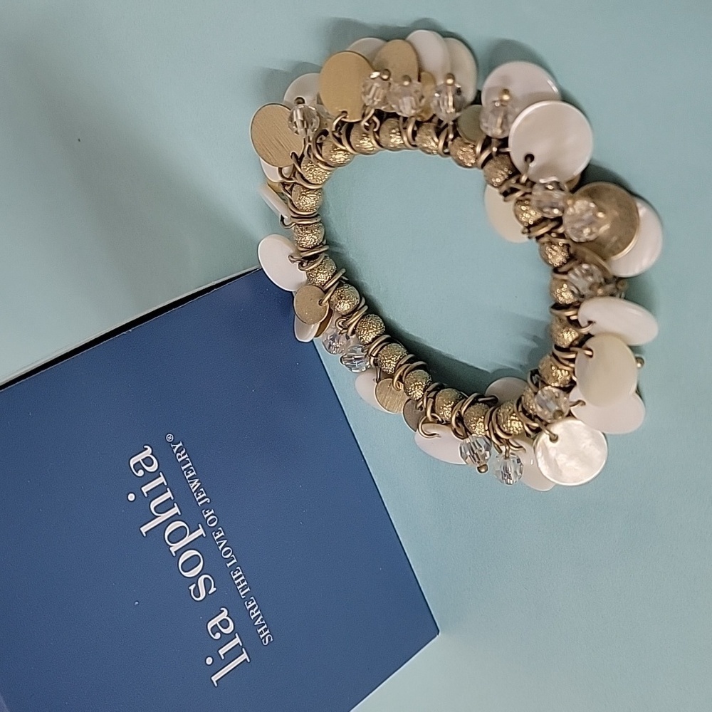 Lia Sophia "Bonbon" Matte Gold Tone With Mother of Pearl Stretch Bracelet